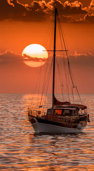 Photorealistic sailboat centered on an orange sunset ocean in a warm coastal aesthetic