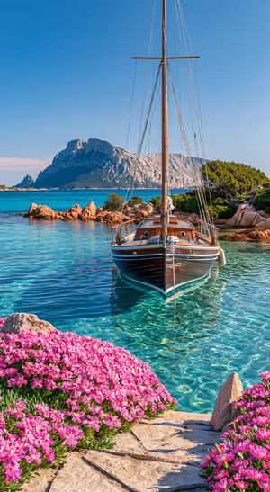 Coastal sailboat centered on a turquoise background in a vibrant seaside aesthetic.