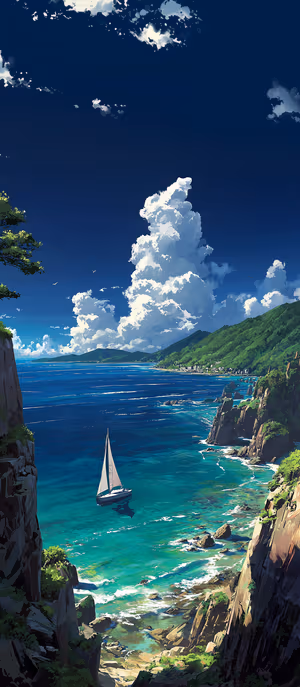 Anime style sailboat seascape centered on turquoise coastal waters and steep cliffs in vibrant illustrative aesthetic, ultra HD.
