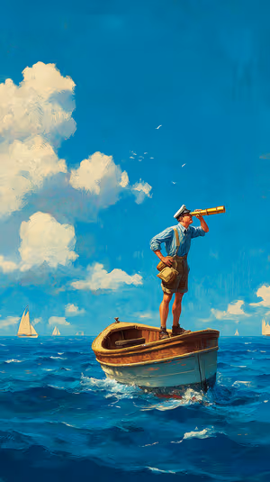 Painterly sailor with brass spyglass centered on an azure background in a vibrant seascape aesthetic, ultra HD iPhone wallpaper.
