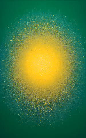 Minimalist sunburst centered on an emerald green field with golden spray texture and glitter speckles ultra hd image.
