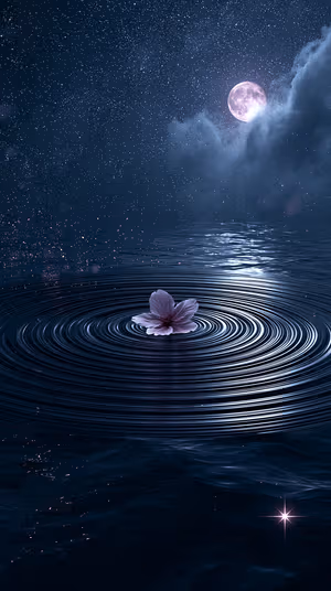 Ethereal sakura blossom centered on an indigo night background with moonlit concentric ripples ultra hd 8K image.