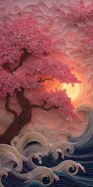 Paper cut cherry blossom centered on warm pink sunset background with stylized ocean waves ultra HD image.