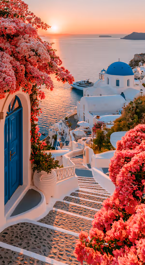 Coastal Santorini sunset with pink bougainvillea, white buildings, and blue domes in a coral aesthetic