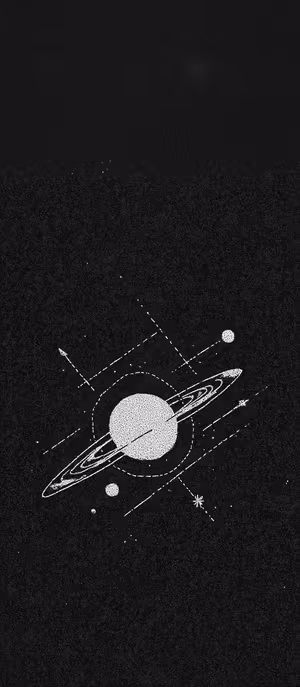 Minimal geometric line art Saturn with dotted rings centered on a black starry background, ultra hd abstract