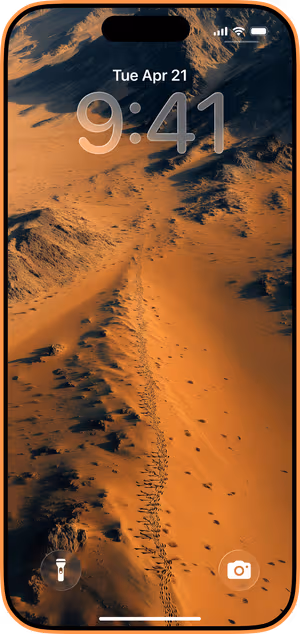 Wallpaper preview on iPhone 17 Pro Max running iOS 26 - Sunlit Dune Trail