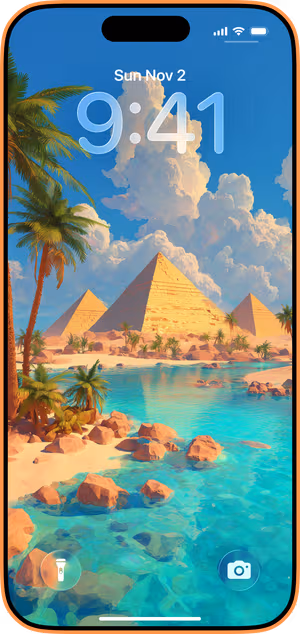 Wallpaper preview on iPhone 17 Pro Max running iOS 26 - Sunlit Pyramid Oasis