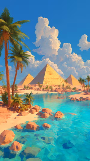 Vibrant illustration of a pyramid oasis centered on turquoise tones in a sunlit tropical aesthetic, ultra hd image