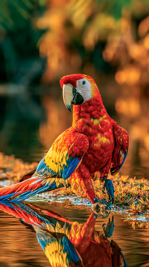 Photorealistic scarlet macaw perched at water's edge with vibrant red gold plumage, ultra HD 8K background