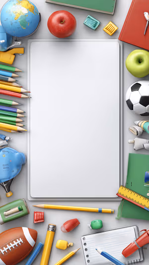 Colorful flat lay of school supplies and sports gear centered on a neutral background in a bright aesthetic, ultra HD image