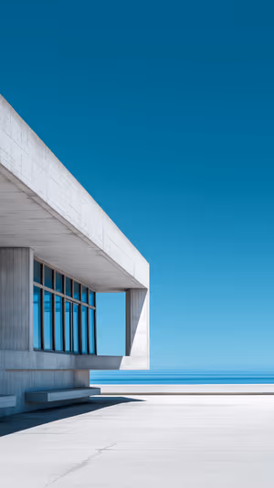Minimalist coastal architecture framed by blue sea and sky, geometric concrete lines and glass windows in a clean aesthetic Ultra HD mobile background.