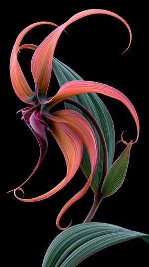 Sculptural floral bloom with flowing coral petals and veined green leaves on a black background, ultra HD 8K image