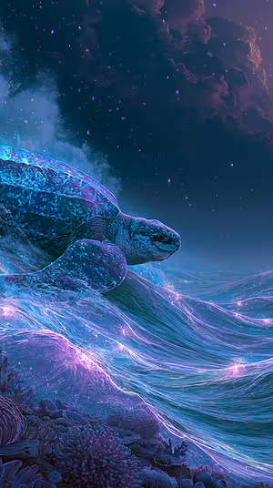 Ethereal neon sea turtle over bioluminescent teal and purple waves, ultra HD 8K background