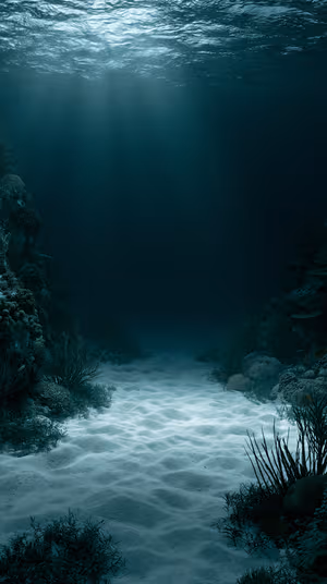 Cinematic underwater seabed with sunbeams over rippled sand on a moody teal background ultra HD 8K image