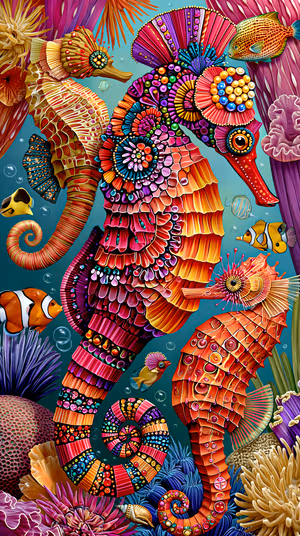 Ornate illustrative seahorse on teal reef background with multicolor beaded mosaic details, ultra HD image
