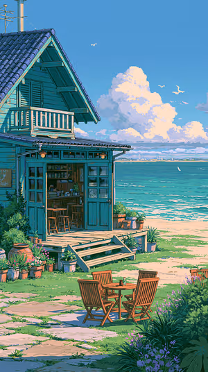 Illustrated seaside cafe cottage on a teal blue coastal background, ultra hd 8K image optimized for iPhone