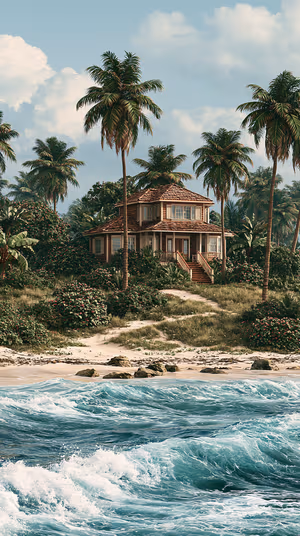 Photoreal tropical seaside cottage centered on an aqua green coastal backdrop in a serene island aesthetic ultra HD 8K