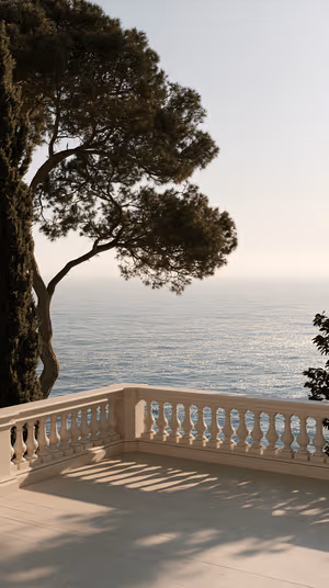 Minimalist seaside terrace centered on a blue beige horizon with balustrade and pine tree ultra HD 8K background