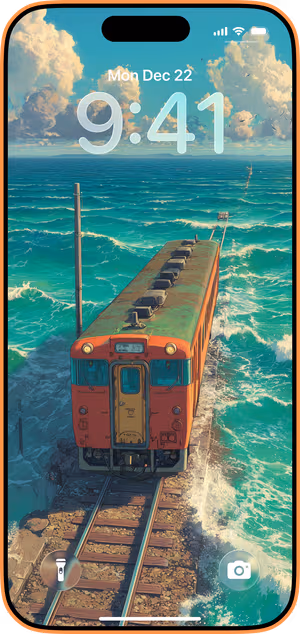 Wallpaper preview on iPhone 17 Pro Max running iOS 26 - Coastal Train Dream