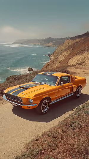 Cinematic vintage Shelby GT350 on a cliffside with vibrant yellow paint and black racing stripes in automotive aesthetic, ultra HD.