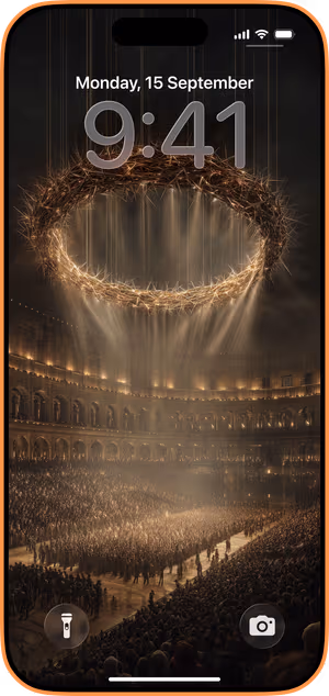 Wallpaper preview on iPhone 17 Pro Max running iOS 26 - Golden Halo Coliseum
