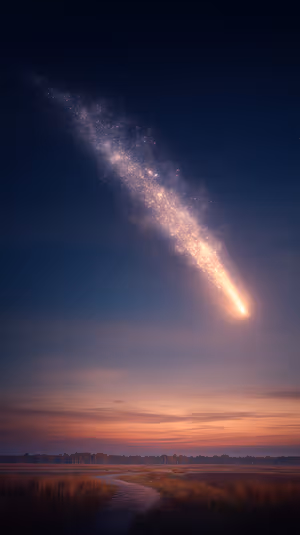 Dreamy celestial shooting star over a marsh path on a twilight gold background, ultra HD 8K mobile background.