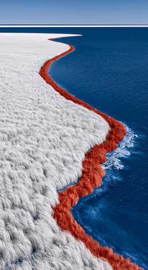 Minimalist shoreline landscape with red accents on a blue and white background in an aerial aesthetic.