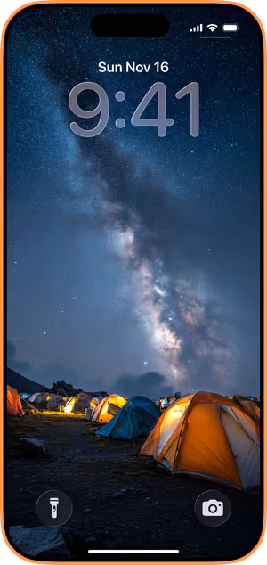 Wallpaper preview on iPhone 17 Pro Max running iOS 26 - Milky Way Campsite