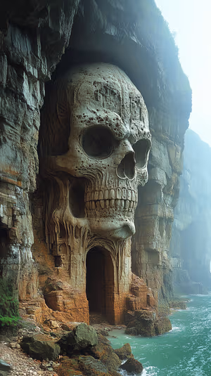 Photoreal cinematic skull cave entrance on a misty green coastal background, ultra HD image
