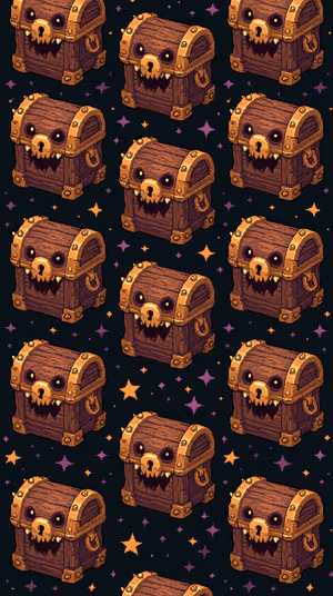 Pixel art skull chests repeating on a dark green background with gold trim and purple orange star accents ultra HD image