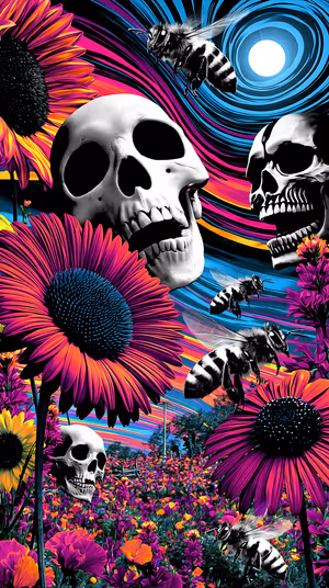 Psychedelic skulls and neon flowers with bees on a swirling cyan magenta sky ultra HD 8K iPhone background.