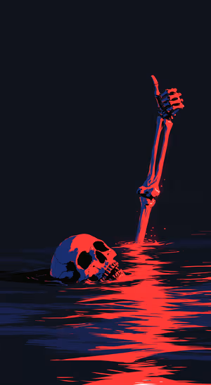 Gothic skull and skeleton hand over black water with vivid red reflections in a dark aesthetic