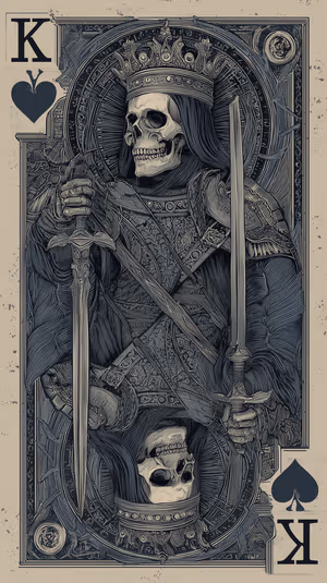 Ornate gothic Skull King of Spades centered on a monochrome background in intricate linework ultra HD 8K image.