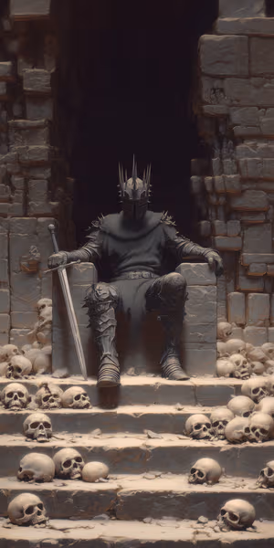 Gothic dark king on a skull covered stone throne against a black, moody background Ultra HD 8K image.