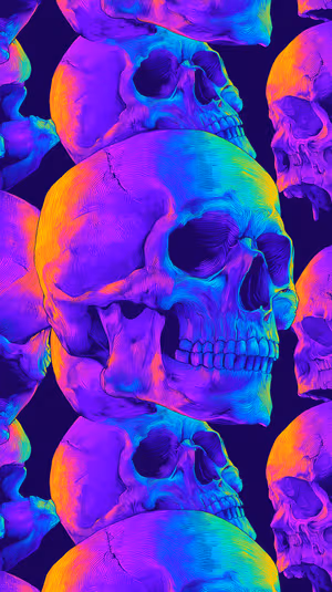 Neon psychedelic skulls with engraved line texture on deep navy background, ultra hd 8K image