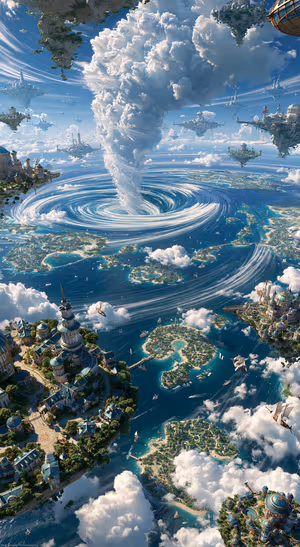 Surreal sky islands and storm vortex on a blue background in a cinematic fantasy aesthetic.
