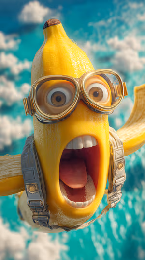 3D cartoon skydiving banana centered on a vibrant turquoise sky with goggles and open mouth expression, ultra HD image.