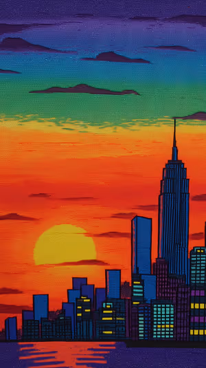 Neon pop art skyline centered on a vibrant rainbow sunset with textured canvas effect ultra HD 8K mobile background.