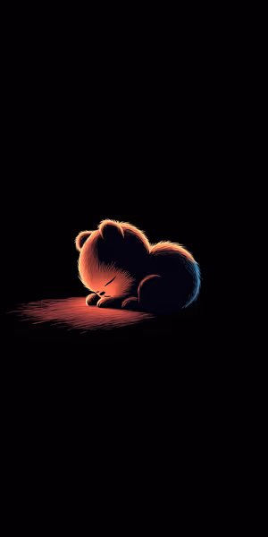 Minimalist neon rim lit sleeping bear centered on a deep black background in cozy dark mode aesthetic, ultra hd image.