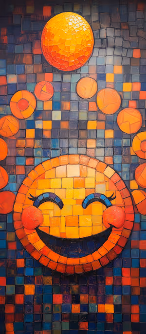 Mosaic smiling sun face centered on warm orange and blue tile background in vibrant mosaic aesthetic ultra HD 8K