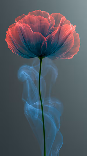 Ethereal translucent floral bloom in coral and teal tones on a soft gray background ultra hd 8K phone image.