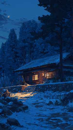 Snowy Cabin Path