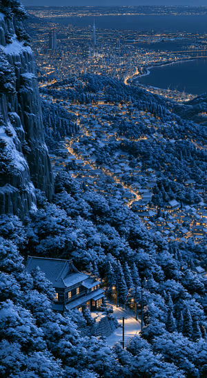 Winter cityscape in a moody blue style with warm lights and snowy mountain details.