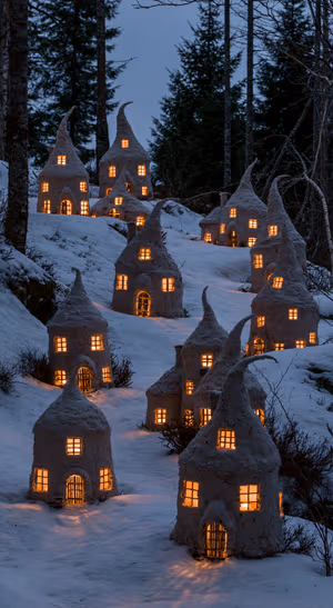 Whimsical snowy cottage village in a dark blue forest with warm orange windows