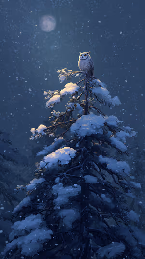 Nocturnal snowy owl centered on a cool blue moonlit background in realistic night photography aesthetic ultra HD 8K.