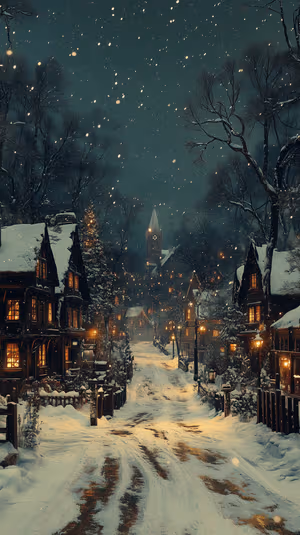 snowy village night