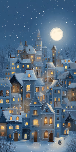 Illustrated snowy village on a soft blue background with warm glowing windows; ultra HD 8K iPhone background.
