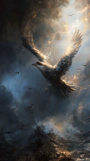 Painterly soaring seabird centered on a stormy blue gray background with gold highlights ultra HD 8K image.