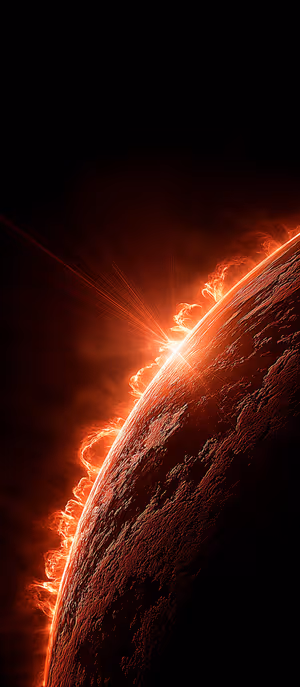 High contrast cosmic art: molten planet edge with glowing solar flares on a dark orange background, ultra HD 8K image