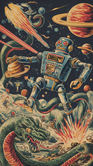 Retro sci fi robot vs tentacled alien on a vintage color cosmic backdrop in a comic retro aesthetic ultra HD 8K phone image.